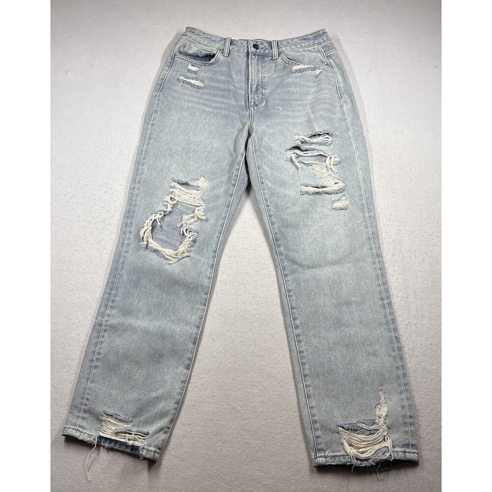 Mica Denim Super High Straigh Leg Jeans Womens 28 Light Wash Distressed NWT